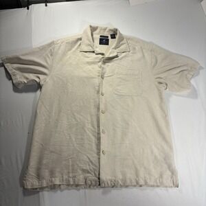 Caribbean Joe Silk Shirt Men's L‎ Beige Washable Tonal Print Island Camp